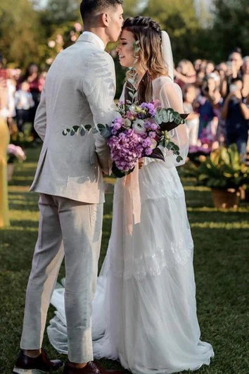 Vestido para boda de tul hasta el suelo, cola capilla, corte A, manga larga, modesto, etéreo, vestido de novia, vestido para formal